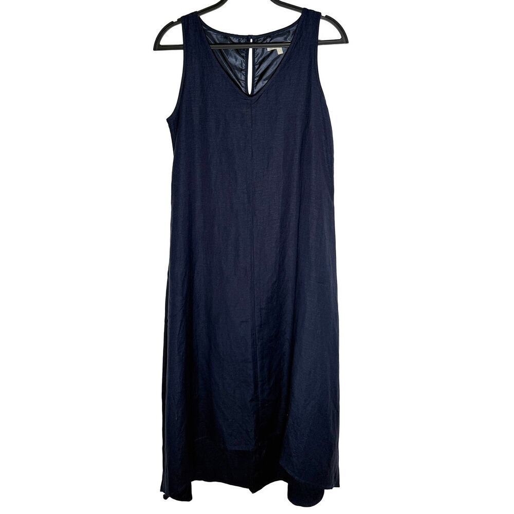 Joan Vass Women's V Neck Sleeveless Linen‎ Blend High Low Midi Dress Lagenlook S